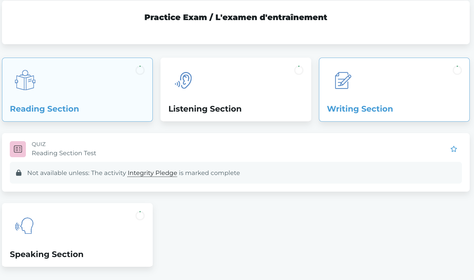 Moodle practice examination with Reading, Listening, Writing, and Speaking entry points